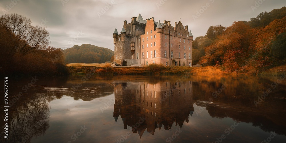 AI generated illustration of a majestic castle at the shore of a lake with autumnal forest near