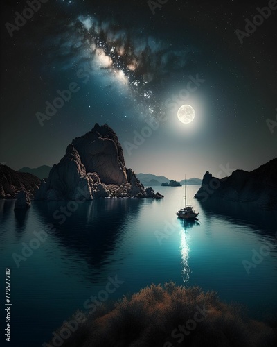 AI generated illustration of a majestic full moon against rocky mountains © Wirestock