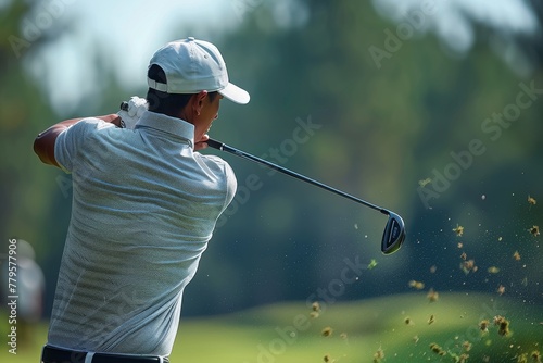 Man Swinging Golf Club on Golf Course