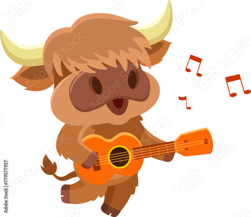 Cute Highland Cow Animal Cartoon Character Playing A Guitar And Singing. Vector Illustration Flat Design Isolated On Transparent Background