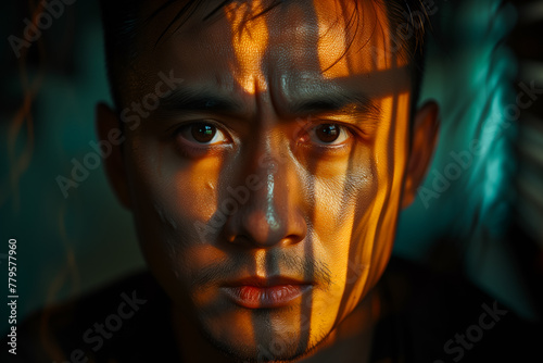 AI generated illustration of an Asian man in deep contemplation gazing through a window