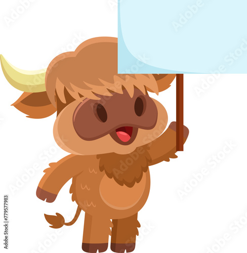 Cute Highland Cow Animal Cartoon Character Holding Up A Blank Sign. Vector Illustration Flat Design Isolated On Transparent Background