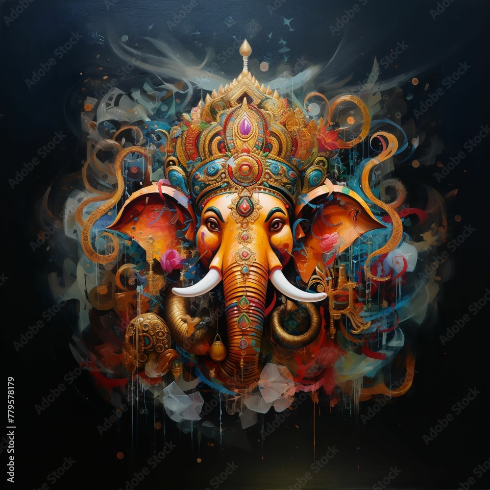 AI generated illustration of an intricate Ganesha statue with ornate crown, decorated with jewels