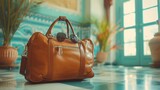 A stylish tan leather travel bag with sunglasses perched on top, sitting on a teal tiled floor - AI Generated Digital Art