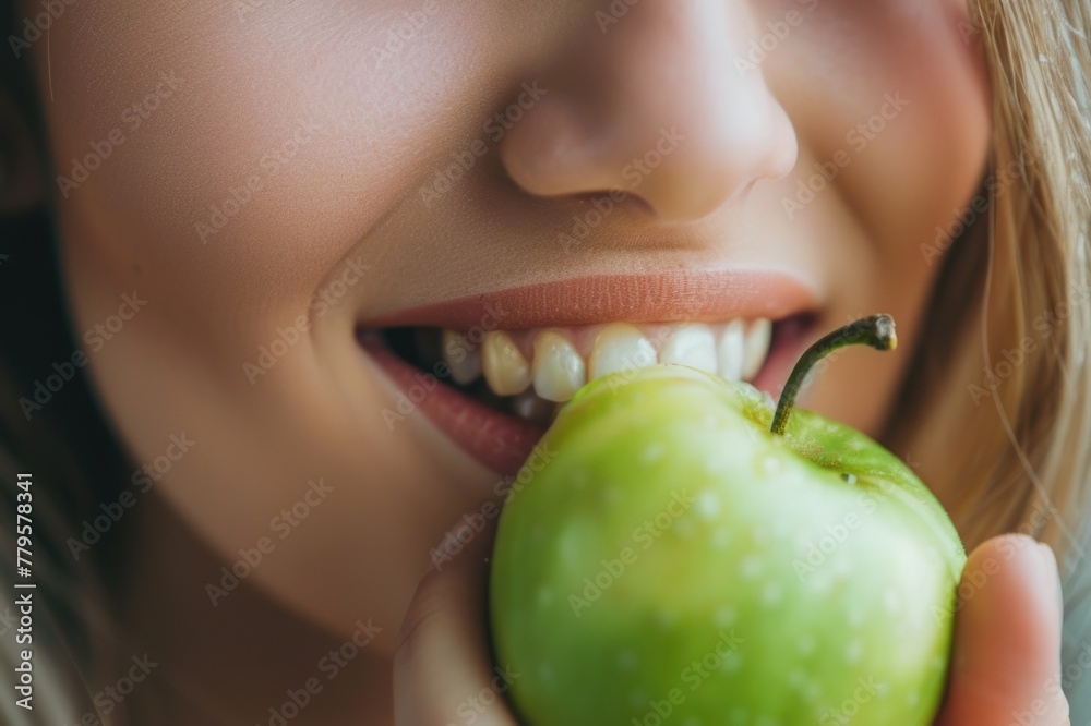 Close-up of a woman's smile biting into a crisp green apple, capturing health and vitality in a simple moment