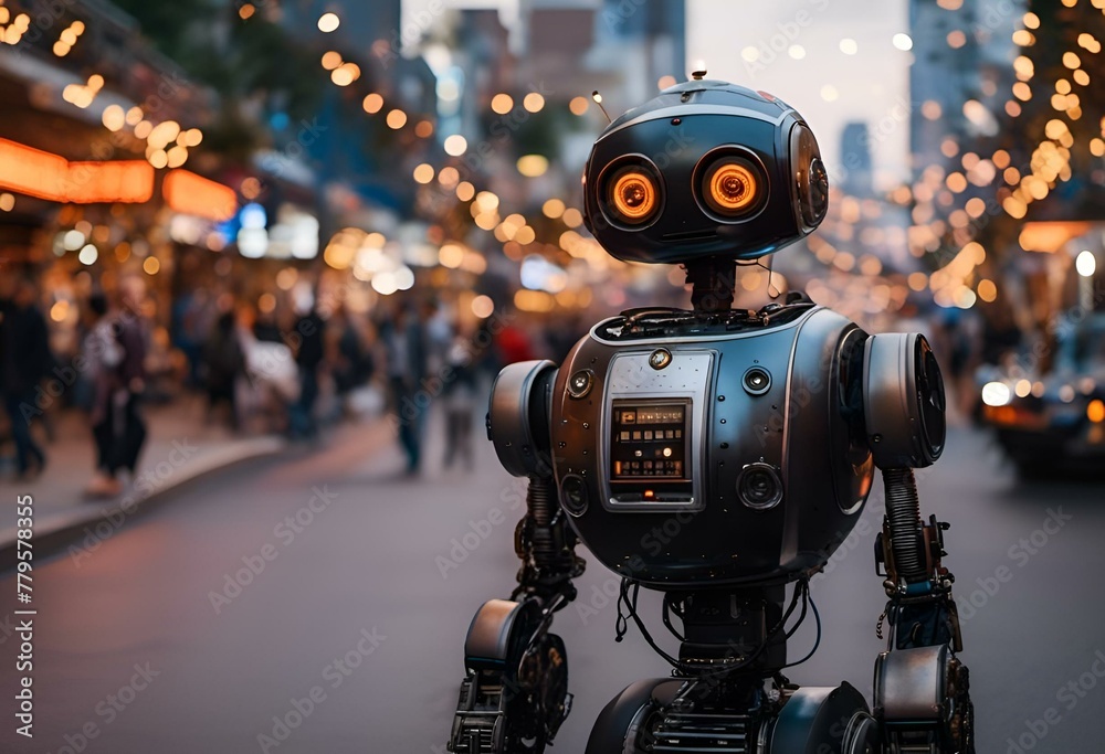 AI generated illustration of a robot strolling on a bustling nighttime street AI generated illustration of a robot strolling on a bustling nighttime street