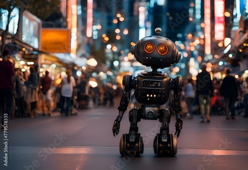 AI generated illustration of a solitary black robot amidst a bustling urban landscape