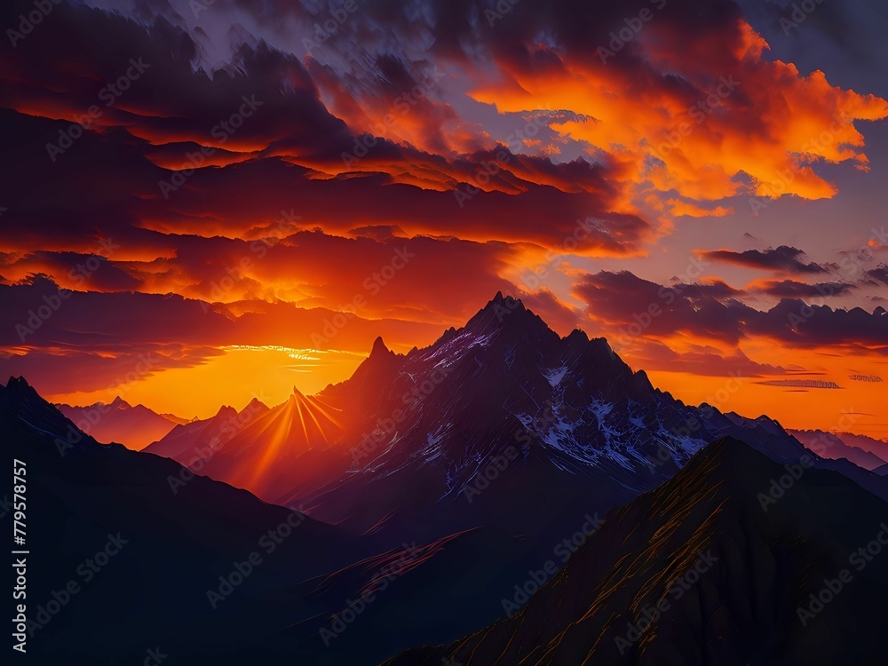 AI generated illustration of a beautiful sunrise over a mountain range with billowing clouds