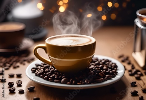 AI generated illustration of a cup of coffee on a wooden table with coffee beans