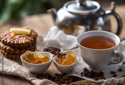 AI generated illustration of a cup of tea with lemons on a wooden table