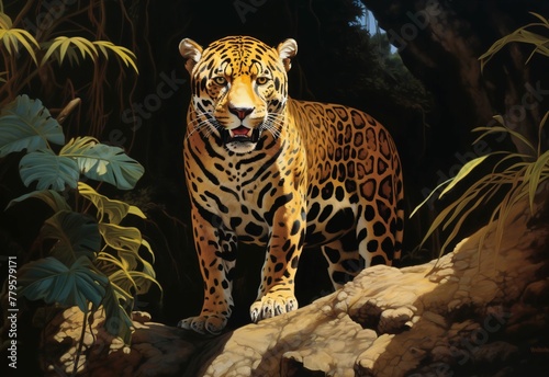 AI generated illustration of a leopard in a green jungle
