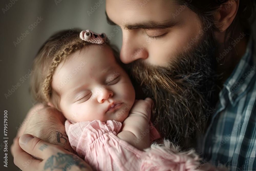 AI-generated illustration of the father affectionately embracing a peacefully sleeping baby AI-generated illustration of the father affectionately embracing a peacefully sleeping baby