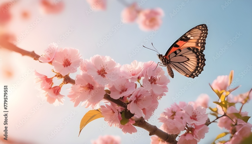 Close-Up of cherry blossom in spring with Butterfly in Garden Close-Up of cherry blossom in spring with Butterfly in Garden