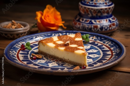 Tasty cheesecake in a clay dish against a ceramic mosaic background photo