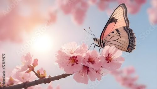 Close-Up of  cherry blossom in spring  with Butterfly in Garden © MAXMARDY