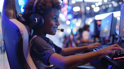 Afro american gamer young boy having fun playing in a gaming room