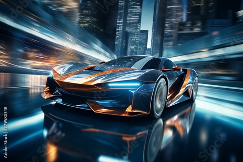 Sleek sports car on the road at night with dynamic speed effects.