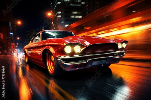 Red classic automobile driving along the road illuminated by streetlights at night. AI-generated. © Wirestock