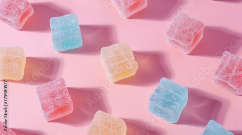 Colorful Sugary Gummy Candies on Pink Background