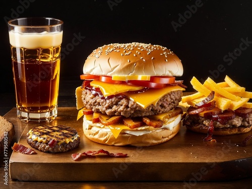 AI generated illustration of a delicious burger served with a glass of beer