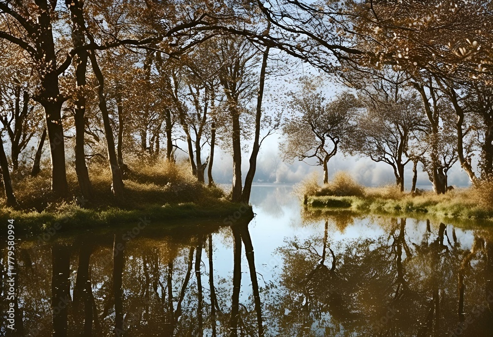 Obraz premium AI generated illustration of a river flows amidst two trees on its banks