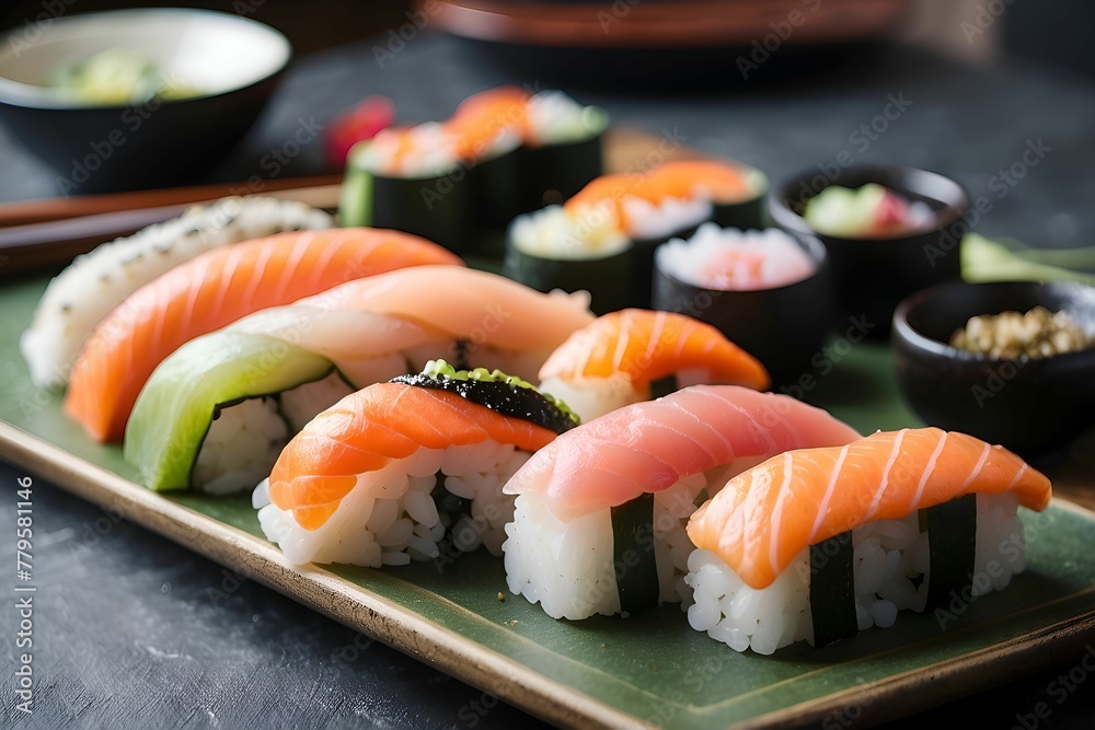 AI generated illustration of a variety of sushi rolls on a plate AI generated illustration of a variety of sushi rolls on a plate