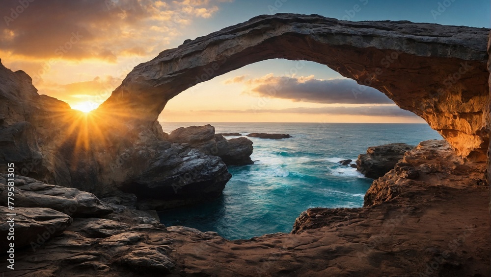 AI generated illustration of sunrise seen through a large natural stone arch on a rugged coastline
