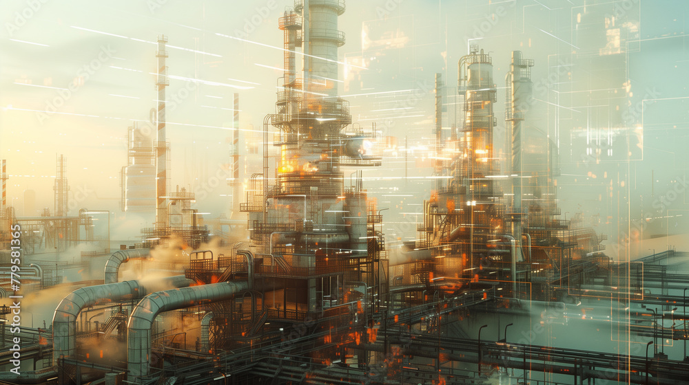 Oil Refinery in oil and gas Industrial with skyline bathed in the fiery hues of a vivid sunset with rising smoke..