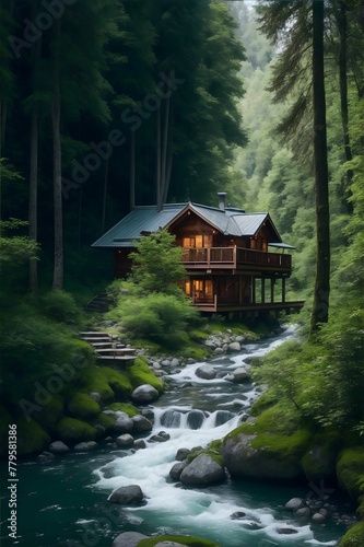 AI generated illustration of idyllic landscape of a small house nestled in a wooded area © Wirestock