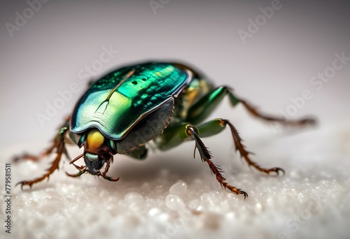 a close up shot of a green beetle on a white sand