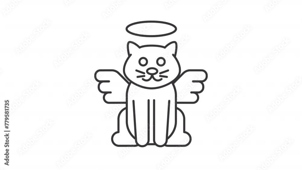 Pet memorial service line animation. Animated angel cat with halo icon. Pet loss. Pet afterlife. Black illustration on white background. HD video with alpha channel. Motion graphic Pet memorial service line animation. Animated angel cat with halo icon. Pet loss. Pet afterlife. Black illustration on white background. HD video with alpha channel. Motion graphic