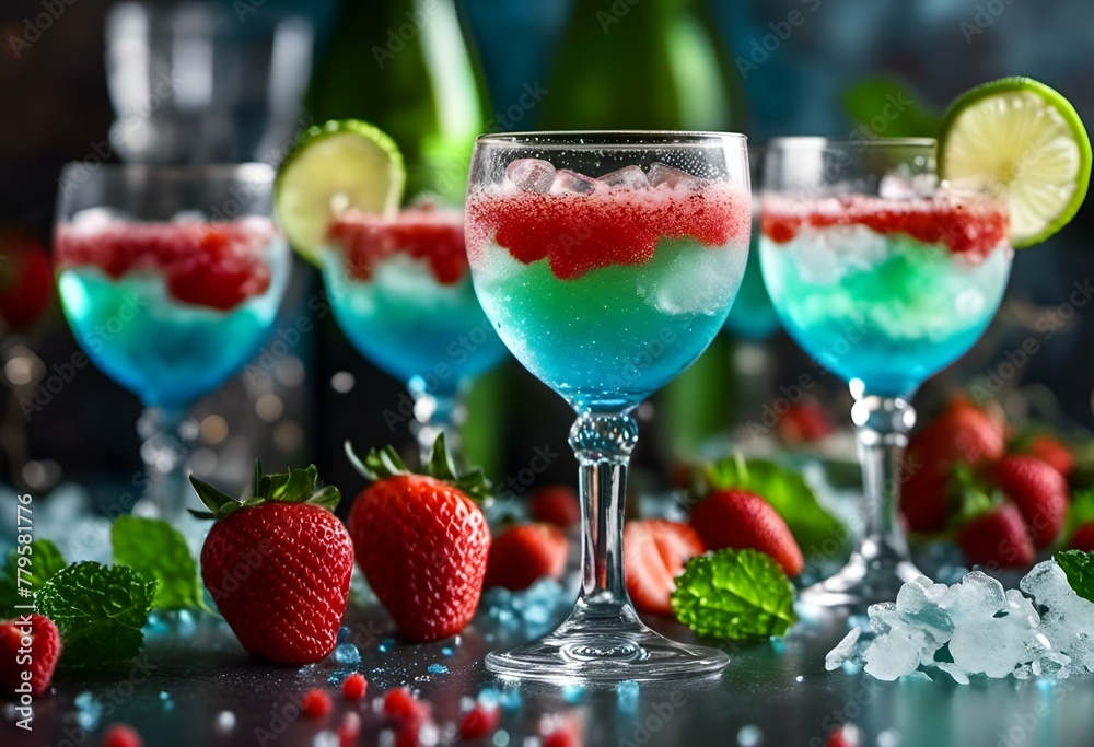 three drinks are sitting in glass next to strawberries and lime slices three drinks are sitting in glass next to strawberries and lime slices
