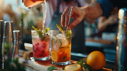 a Group of individuals enjoying beverages adorned with decorative garnishes photo