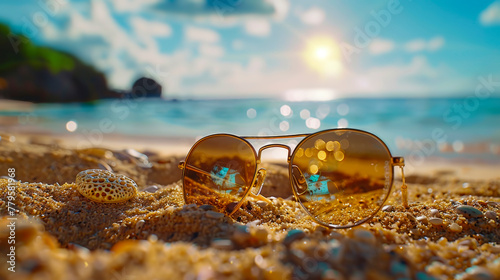 Coastal Serenity with Sunglasses on Sandy Beach - AI generated digital art