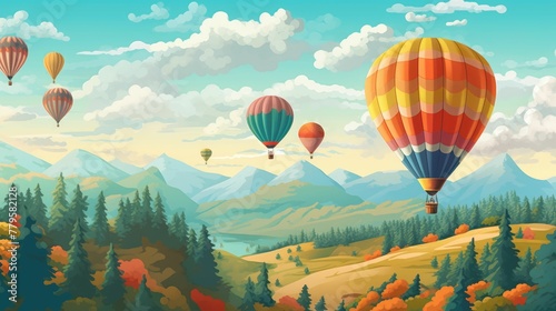 AI generated illustration of colorful hot air balloons flying above a green landscape
