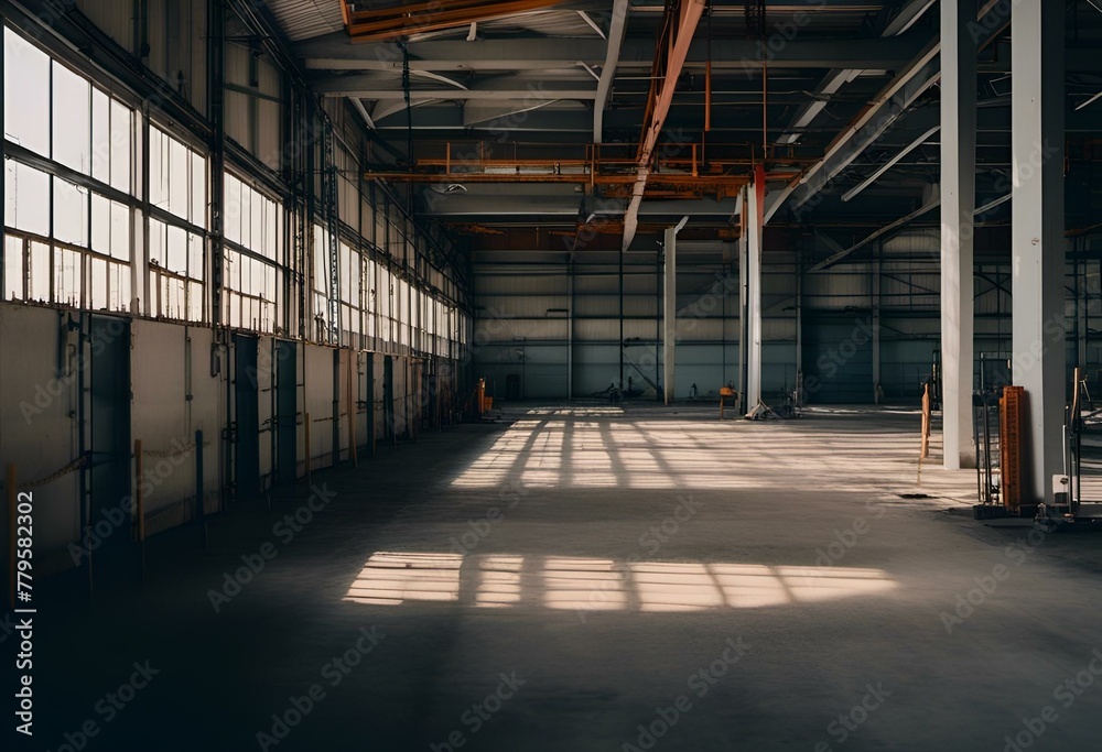 AI generated illustration of sunlight streaming through windows and doors in a vast industrial space
