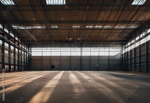 AI generated illustration of an empty hangar with numerous sunlight-filled windows