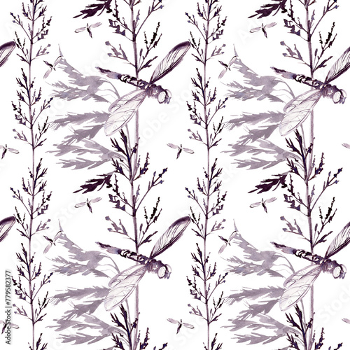 Wallpaper Mural seamless pattern with watercolor monochrome silhouette herbs and dragonflies, sketch of grass, abstract meadow plants, wild field and insects, illustration white background template for decoration Torontodigital.ca