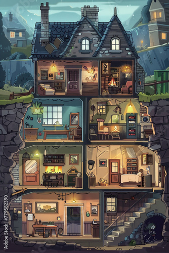 A 2D retro rpg game style of a cross-section of a house with various rooms