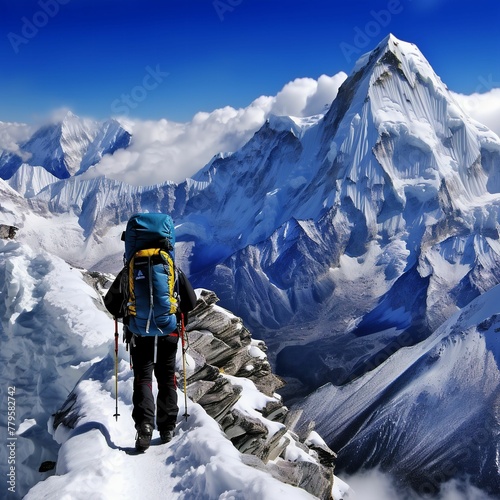 Person with a big backpack hiking on the majestic snow covered mountain peaks