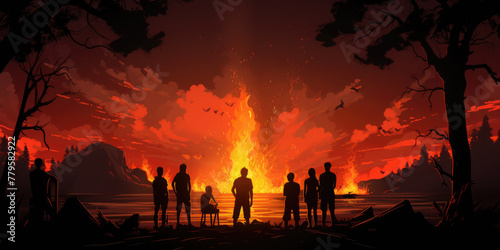 Walpurgis Night. Silhouettes of people around a large fire. Illustration