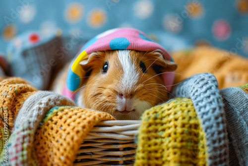 a guinea pig in a pink hat and a blanket on photo