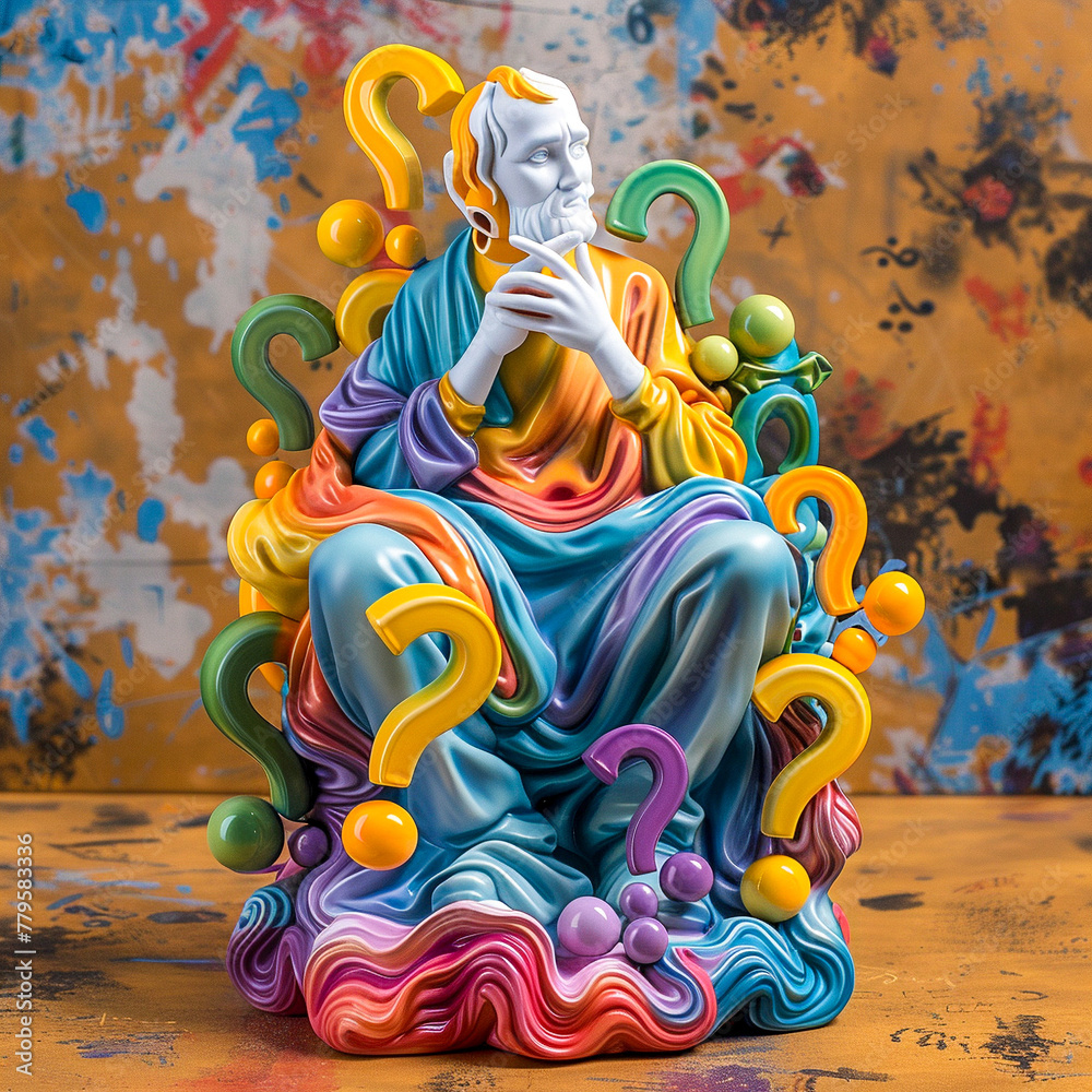 A 3D sculpture of a pondering figure, its base encircled by a swirl of colorful question marks and symbols of mystery.