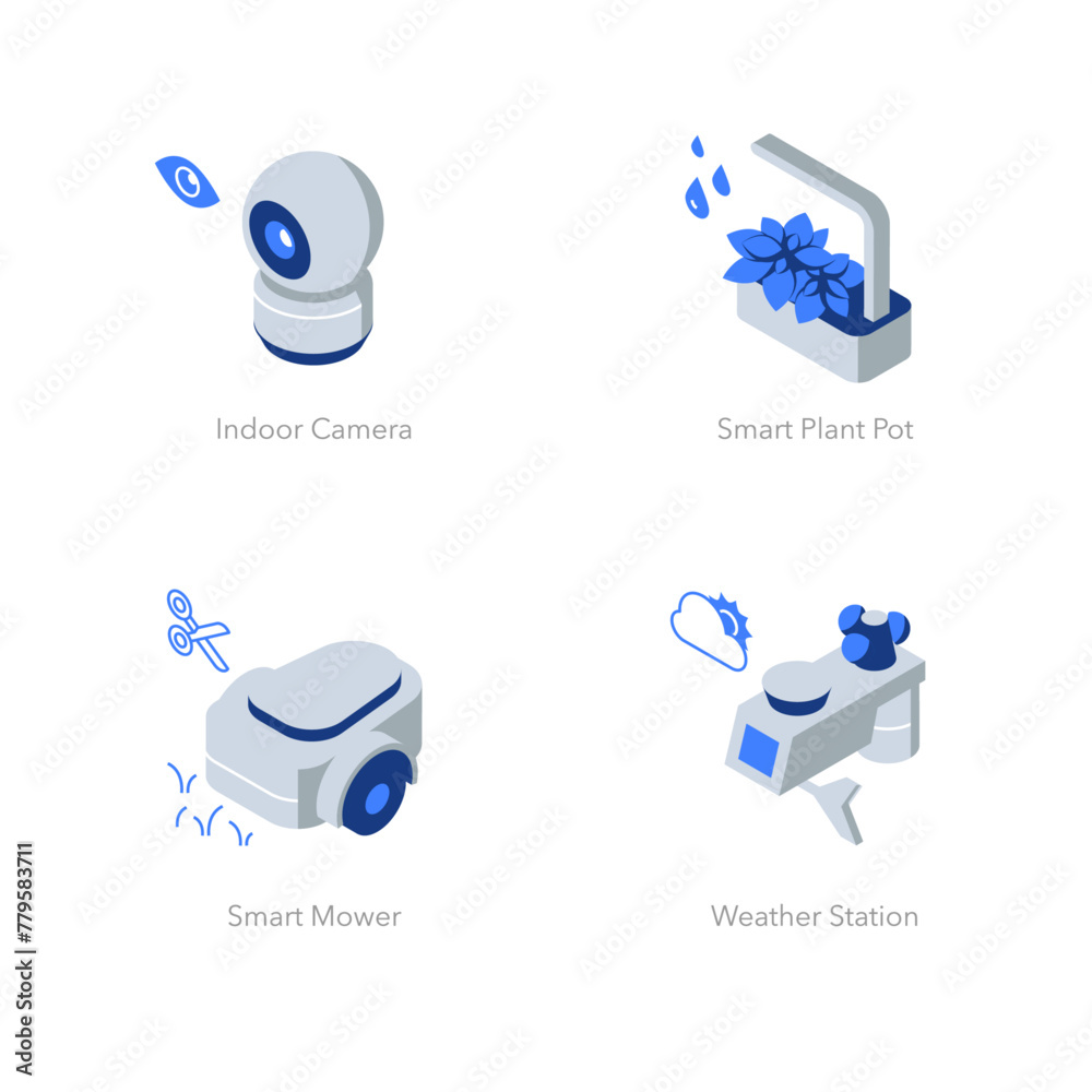 Simple set of isometric flat icons for smart home 3. Contains such symbols as Indoor camera, Smart plant pot, Smart mower, Weather station. - obrazy, fototapety, plakaty 