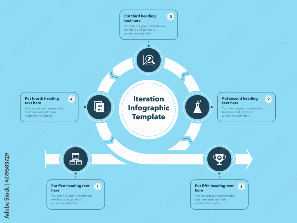 Iteration infographic template with five steps - blue version. Modern diagram of life cycle of product development.