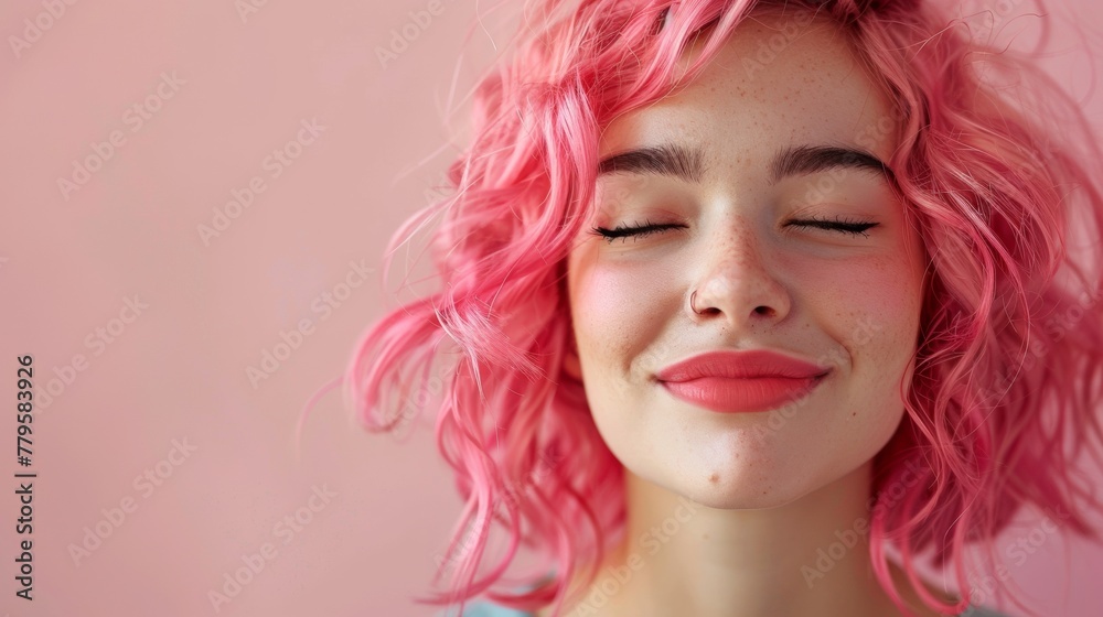 fashion portrait of a beautiful Caucasian woman with bright pink hair. isolated on pink background, copy space fashion portrait of a beautiful Caucasian woman with bright pink hair. isolated on pink background, copy space
