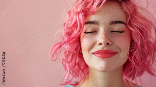 fashion portrait of a beautiful Caucasian woman with bright pink hair. isolated on pink background, copy space