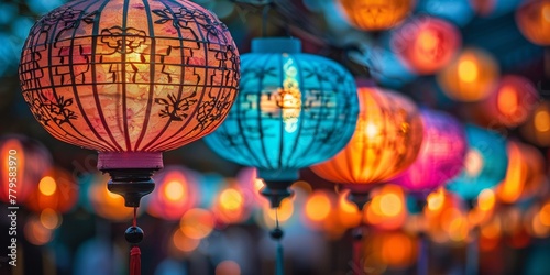 In the vibrant night of an Asian town  silk lanterns illuminate the streets  celebrating tradition