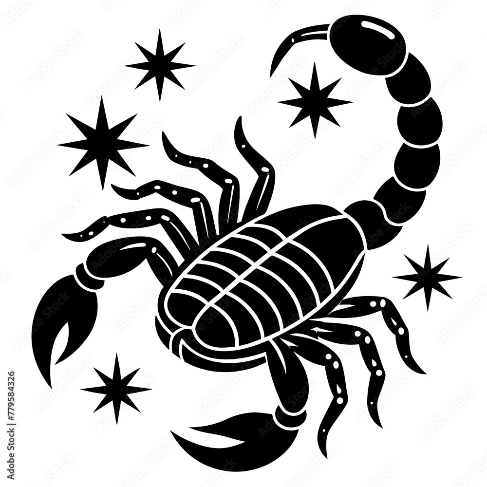 Obraz premium scorpion tattoo vector, black scorpion silhouette vector illustration,icon,svg,scorpion characters,Holiday t shirt,Hand drawn trendy Vector illustration,scorpion on a white background