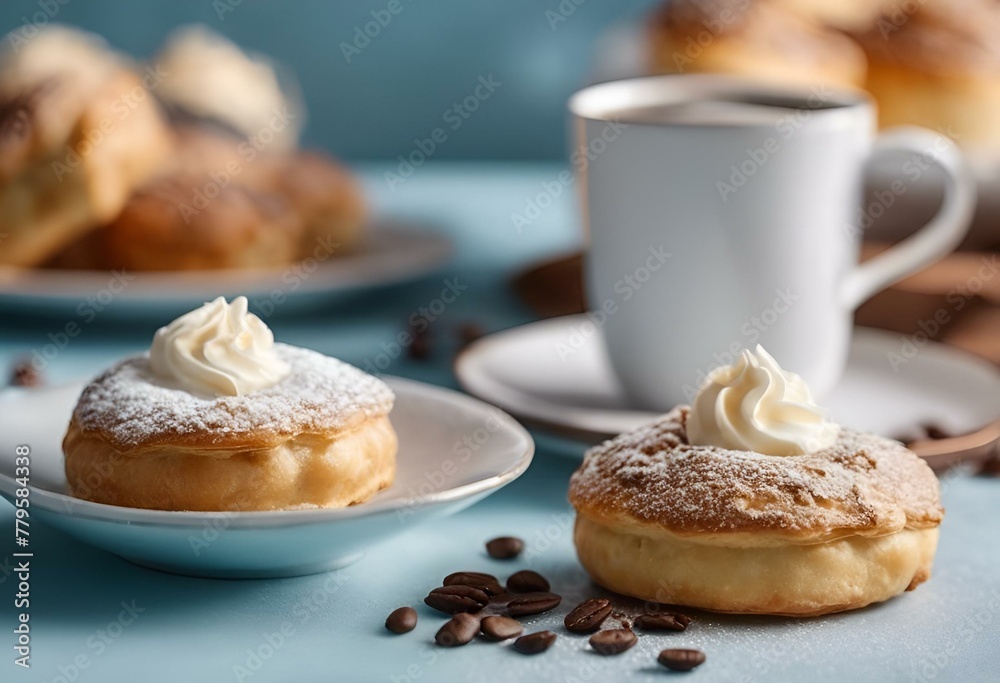 AI generated illustration of pastries on plates with a cup of coffee